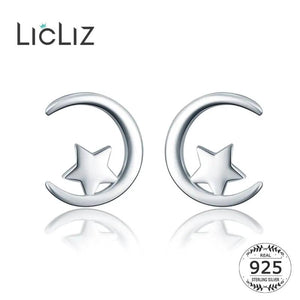925 Silver Moon & Star Stud Earrings Women Dating Party Jewelry