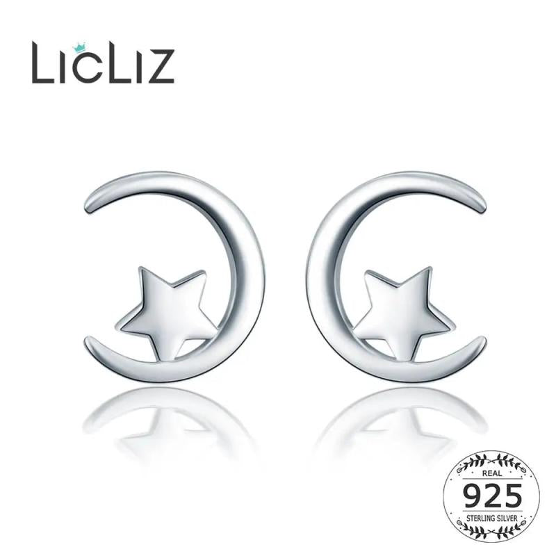925 Silver Moon & Star Stud Earrings Women Dating Party Jewelry