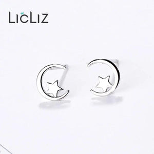 925 Silver Moon & Star Stud Earrings Women Dating Party Jewelry