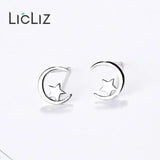 925 Silver Moon & Star Stud Earrings Women Dating Party Jewelry