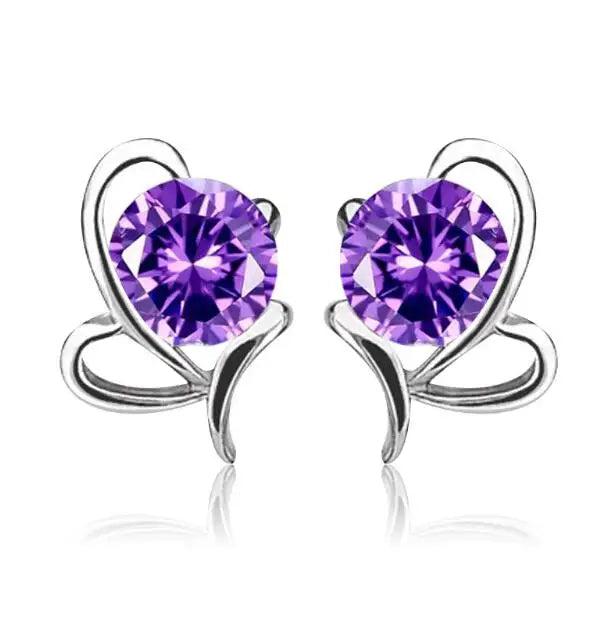 Romantic Heart Amethyst Silver Stud Earrings for Women