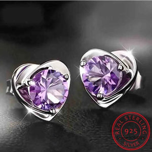 Romantic Heart Amethyst Silver Stud Earrings for Women