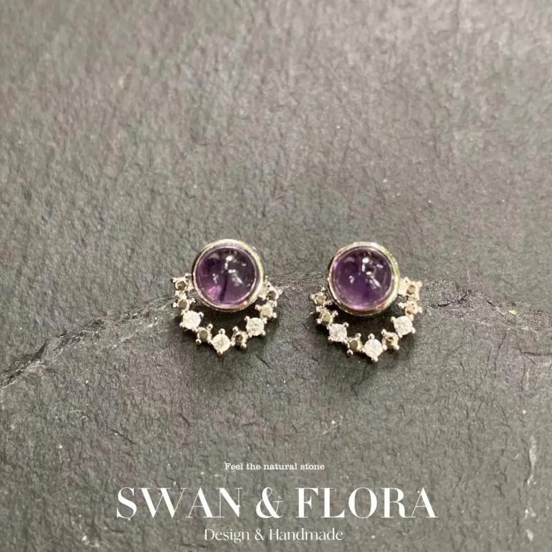 Natural Amethyst Stud Earrings 925 Sterling Silver Vintage Gift