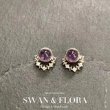 Natural Amethyst Stud Earrings 925 Sterling Silver Vintage Gift