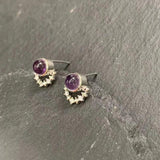 Natural Amethyst Stud Earrings 925 Sterling Silver Vintage Gift