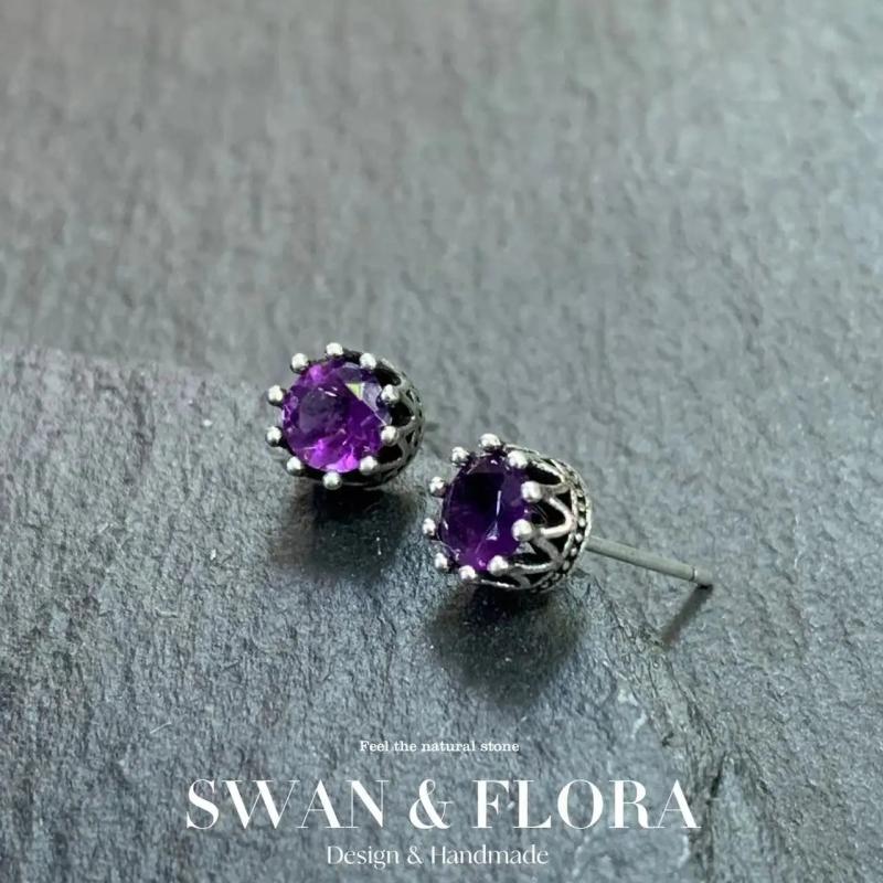 5MM Amethyst Stud Earrings 925 Sterling Silver Vintage Femme Gift