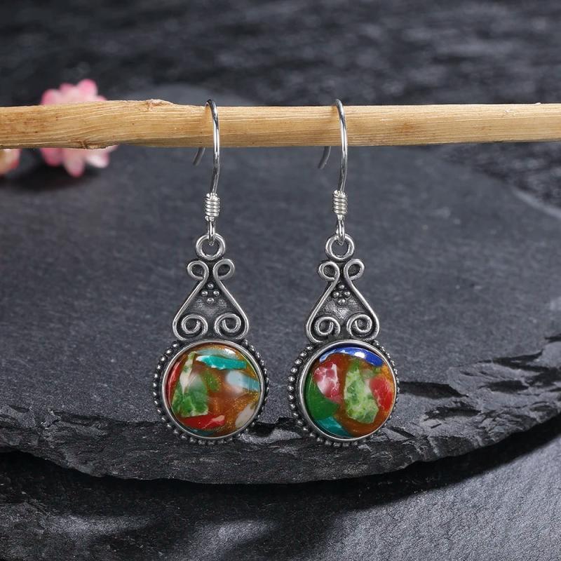 925 Silver Emperor Stone Earrings Vintage Irregular Oval Cut Classic Jewelry