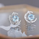 Ocean Topaz Star Moon Studs Silver Gemstone Earrings