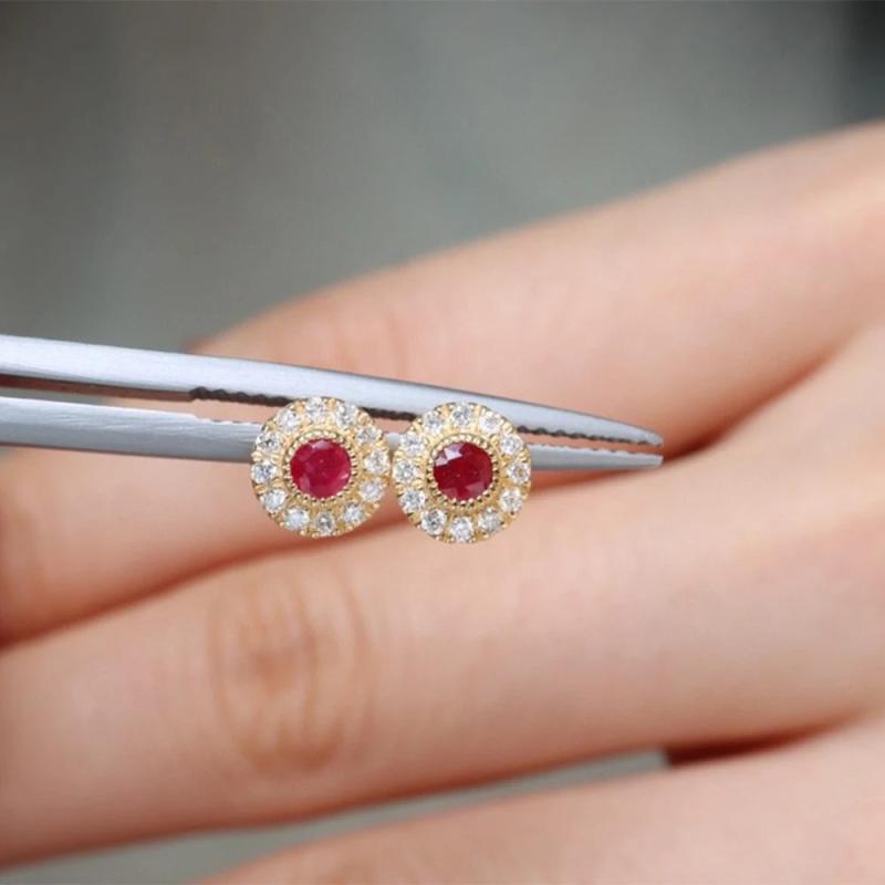 925 Silver Ruby & Zircon Stud Earrings Vintage Charm Wedding Jewelry Gift