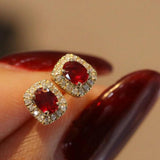 925 Silver Ruby & Zircon Stud Earrings Vintage Charm Wedding Jewelry Gift