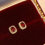 925 Silver Ruby & Zircon Stud Earrings Vintage Charm Wedding Jewelry Gift