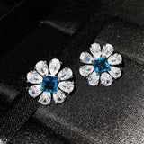 925 Silver Big Flower Stud Earrings Paraiba Tourmaline Gemstone