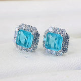 925 Silver Paraiba Emerald Stud Earrings Square Tourmaline Gemstone