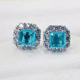 925 Silver Paraiba Emerald Stud Earrings Square Tourmaline Gemstone