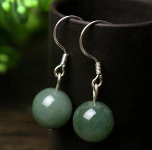 925 Silver Jade Emerald Swing Earrings 10mm Bead Charm Hand-Carved