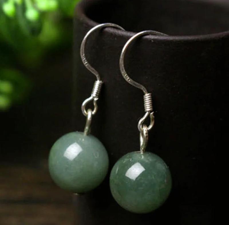 925 Silver Jade Emerald Swing Earrings 10mm Bead Charm Hand-Carved