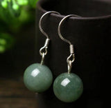 925 Silver Jade Emerald Swing Earrings 10mm Bead Charm Hand-Carved