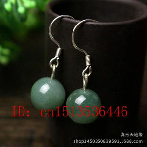 925 Silver Jade Emerald Swing Earrings 10mm Bead Charm Hand-Carved