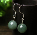 925 Silver Jade Emerald Swing Earrings 10mm Bead Charm Hand-Carved