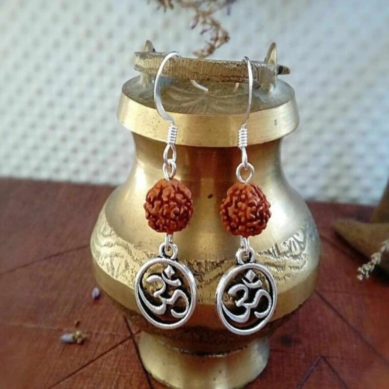 Rudraksha Bead Silver Earrings Natural Brown Round FOOL'S Accessories