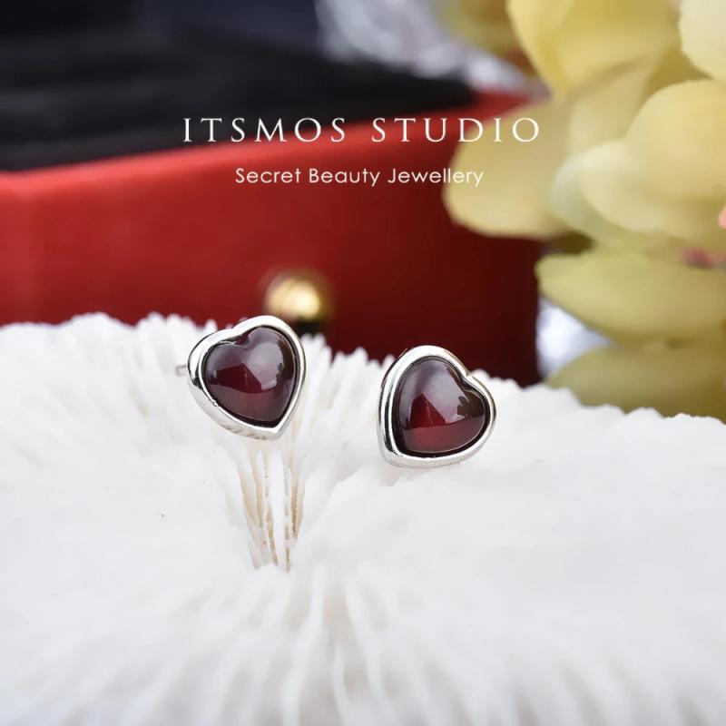 Red Garnet Heart Stud Earrings Silver Post Women Christmas Gift