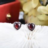 Red Garnet Heart Stud Earrings Silver Post Women Christmas Gift