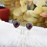 Red Garnet Heart Stud Earrings Silver Post Women Christmas Gift