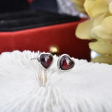 Red Garnet Heart Stud Earrings Silver Post Women Christmas Gift