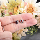 Red Garnet Heart Stud Earrings Silver Post Women Christmas Gift