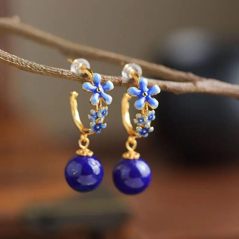 Flower Fresh Earrings Enamel Lapis Bead Earings Pastoral Jewelry