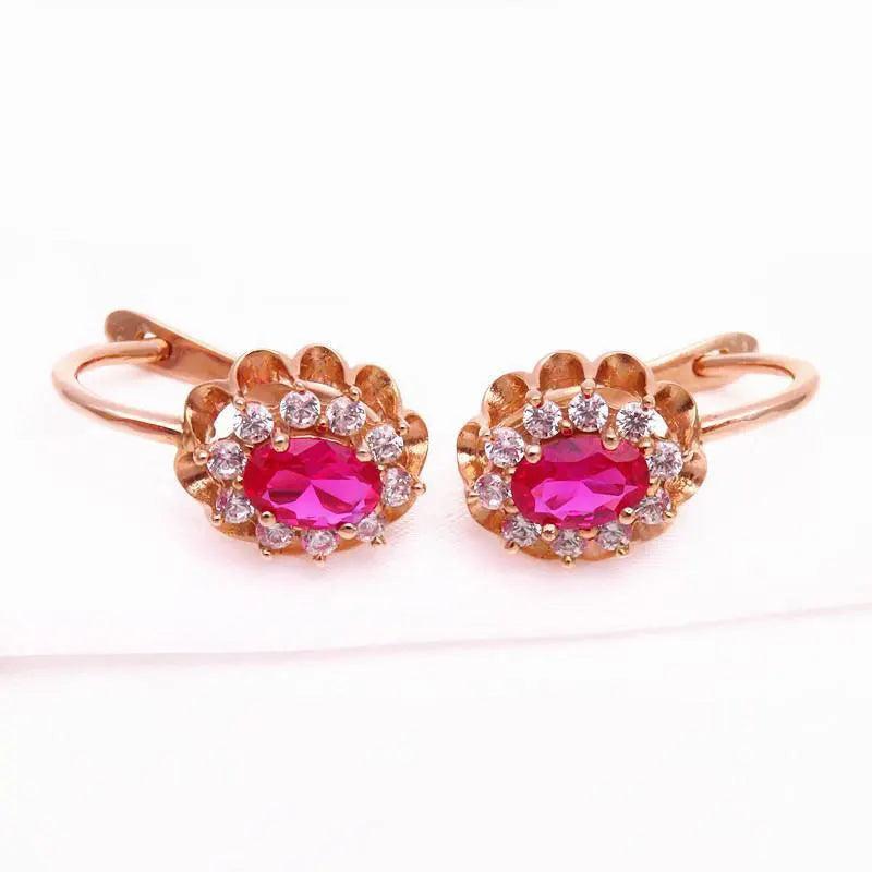 Purple Ruby Flower Earrings 14K Rose Crystal Wedding Jewelry