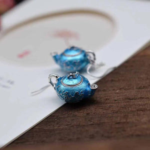 Thai Silver Ethnic Enamel Plum Teapot Earrings for Women
