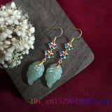 Jade Leaf Earrings Gemstones 925 Silver Charm Women Jewelry Natural Amulets