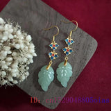 Jade Leaf Earrings Gemstones 925 Silver Charm Women Jewelry Natural Amulets