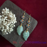 Jade Leaf Earrings Gemstones 925 Silver Charm Women Jewelry Natural Amulets