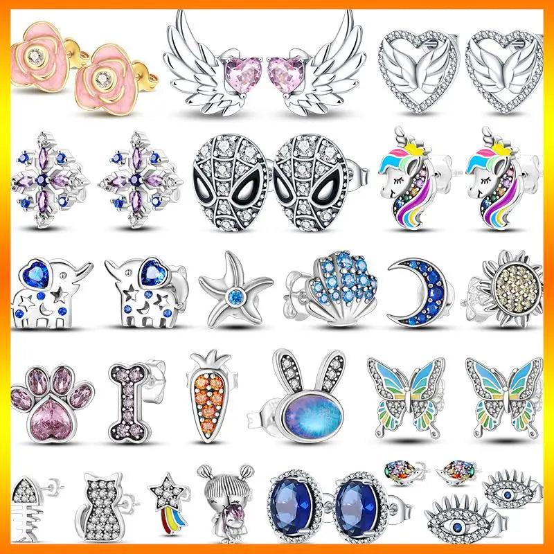 Spider Hero Mask Stud Earrings 925 Sterling Silver Gemstone Heart Wings