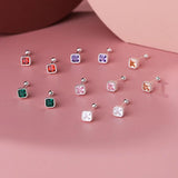 925 Silver Zircon Square Screw Ball Stud Earrings Classic Jewelry