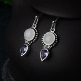 Vintage Thai Silver Moonstone Earrings Water Drop Shape Amethys