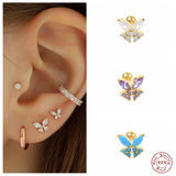 925 Silver Rhinestone Butterfly Stud Earrings Turquoise Pink Zircon Piercing