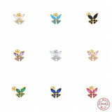 925 Silver Rhinestone Butterfly Stud Earrings Turquoise Pink Zircon Piercing