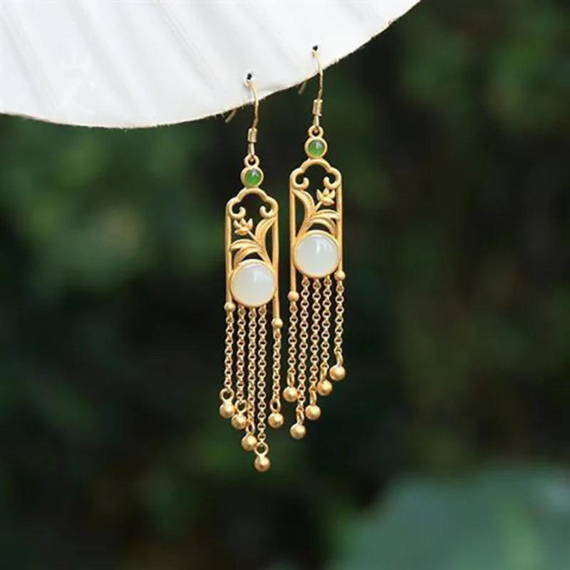 Natural Hetian Jade Magnolia Fringed Long Earrings Chinese Retro Jewelry