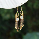Natural Hetian Jade Magnolia Fringed Long Earrings Chinese Retro Jewelry