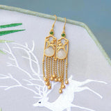 Natural Hetian Jade Magnolia Fringed Long Earrings Chinese Retro Jewelry