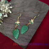 Jade Leaf Earrings Green Gemstone 925 Silver Charms Women