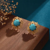 Vintage Turquoise Inlaid Flower Ear Studs