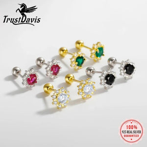 TrustDavis 925 Silver Flower CZ Stud Earrings Romantic Minimalist Jewelry