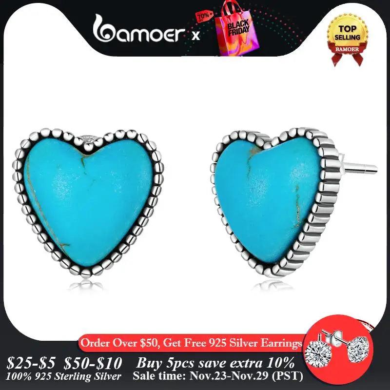 Sterling Silver Heart Turquoise Ear Studs for Women