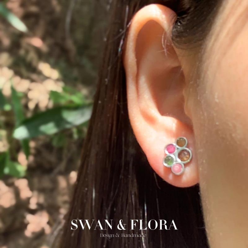 Tourmaline Stud Earrings 925 Silver Vintage Gift Jewelry