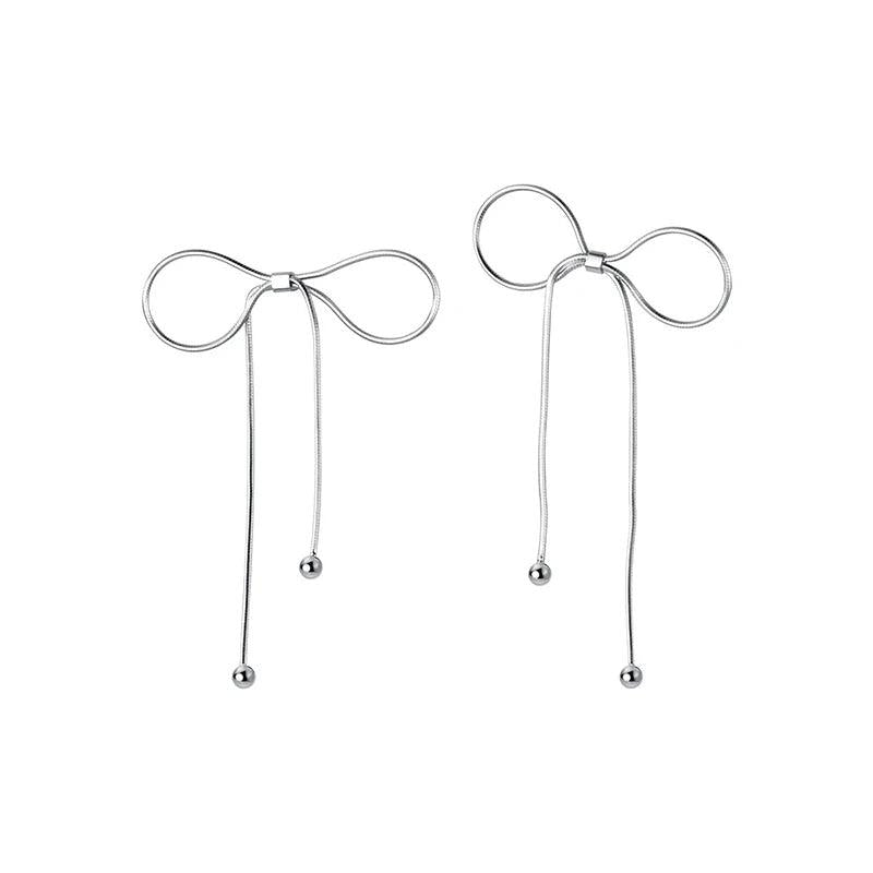 925 Silver Bowknot Tassel Stud Earrings Classic Fine Jewelry
