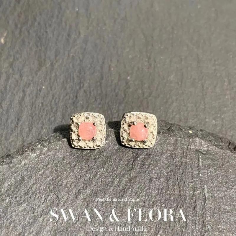 Rhodochrosite Sterling Silver Stud Earrings Allergy-Free Red Stone Jewelry